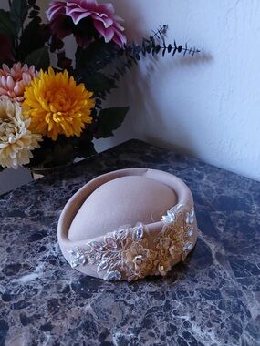 Elegant Beige Embellished Pillbox Hat - Women Accessories